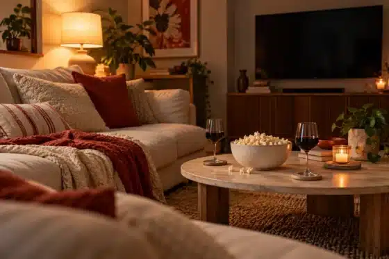 AI illustration of a cosy room with popcorn and wine for a movie night