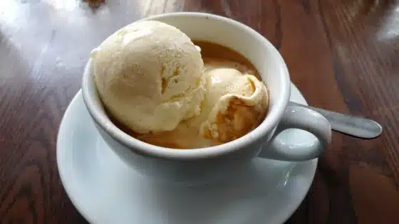 Vanilla ice cream with coffee in a white cup at Vinoteca in Smithfield, London
