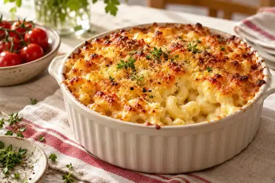 AI illustration of golden macaroni and cheese in a cream serving dish