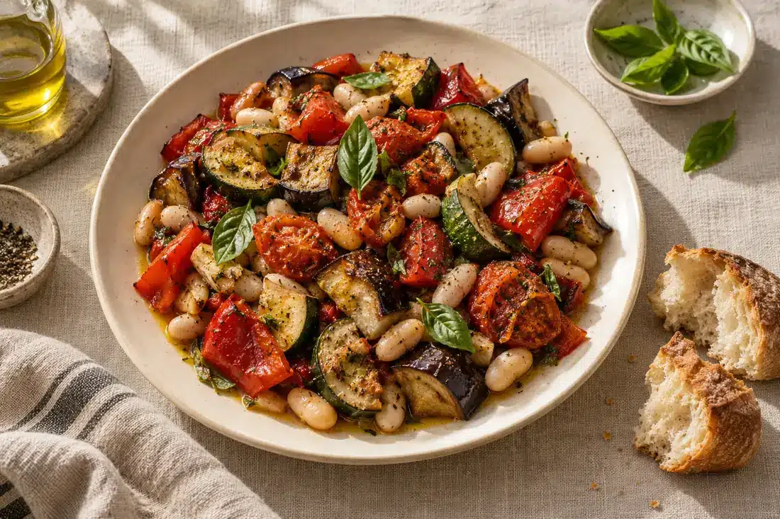 AI illustration of roast vegetables, white beans and bread on a cream plate