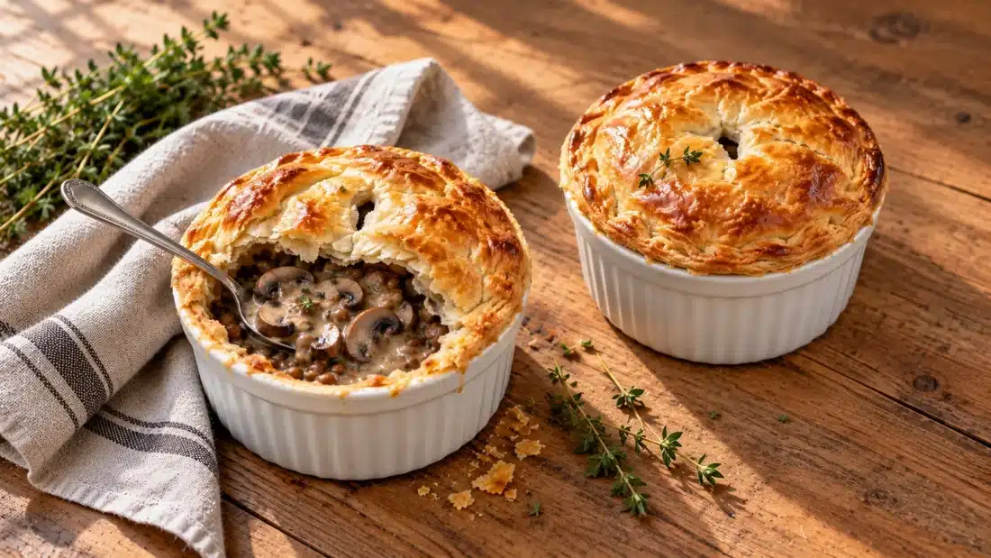 AI food illustration of two mushroom and brown-lentil pot pies, with one pastry lid opened to show the filling
