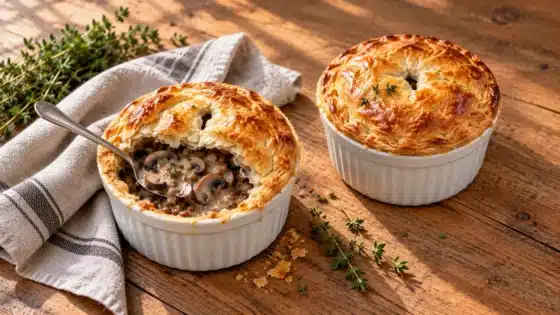 AI food illustration of two mushroom and brown-lentil pot pies, with one pastry lid opened to show the filling